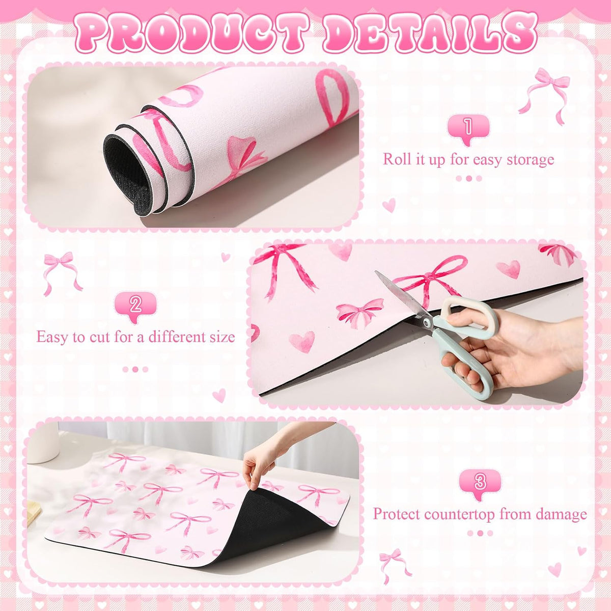 Large Coquette Pink Bow Dish Drying Mat Large for Kitchen 24"x 16" Aesthetic Bow Absorbent Coffee Bar Pad for Women Counter Kitchen Home Decor Accessories Party Gifts