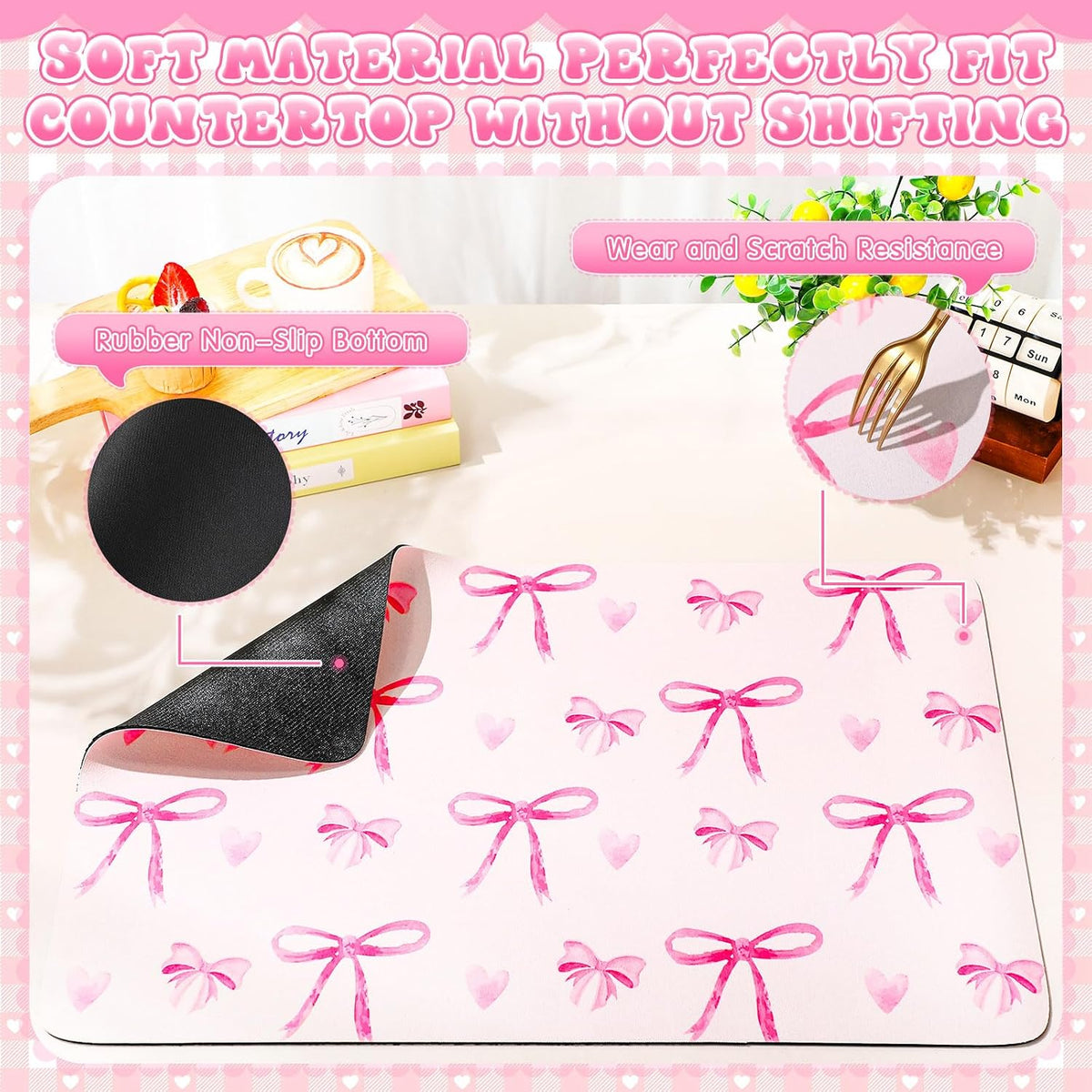Large Coquette Pink Bow Dish Drying Mat Large for Kitchen 24"x 16" Aesthetic Bow Absorbent Coffee Bar Pad for Women Counter Kitchen Home Decor Accessories Party Gifts