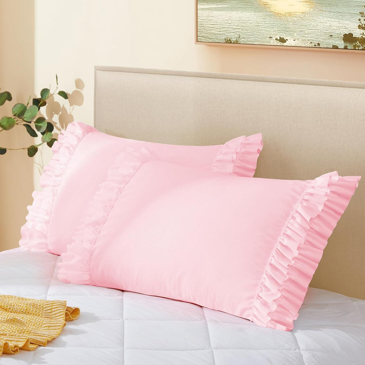 Vonty Pink Ruffled Pillow Cases Set of 2, Standard Size, 20x26 Inch