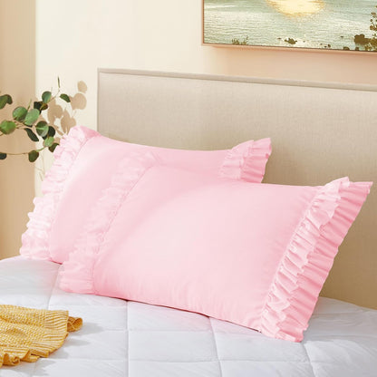 Vonty Pink Ruffled Pillow Cases Set of 2, Standard Size, 20x26 Inch
