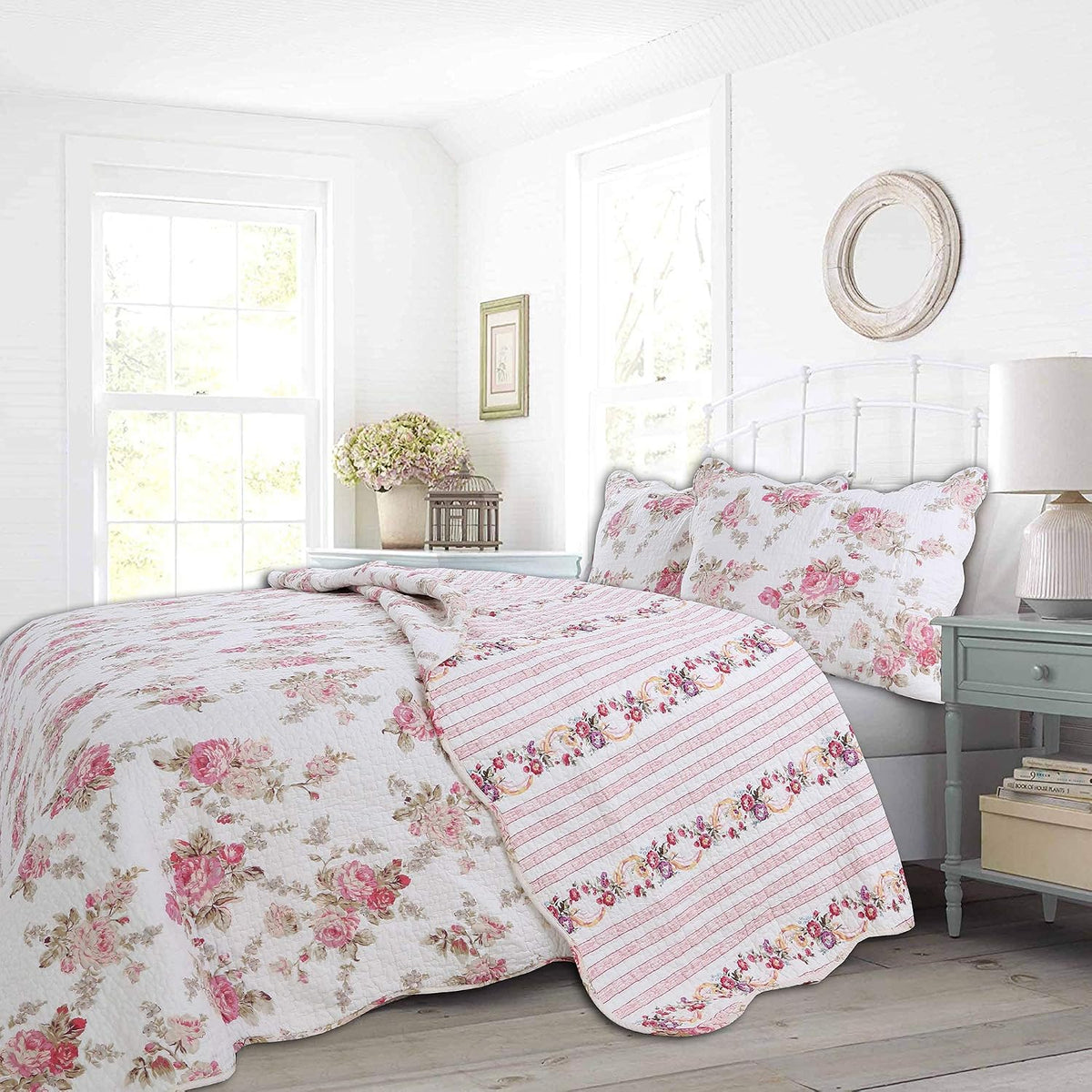 Romantic Pink Peony Floral 100% Cotton Reversible Quilt Bedding Set, Coverlet, Bedspread (Pink Peony, Queen - 3 Piece)