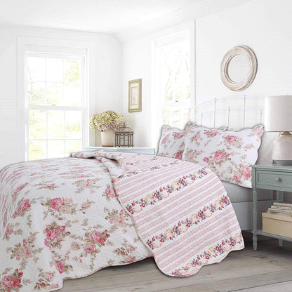 Romantic Pink Peony Floral 100% Cotton Reversible Quilt Bedding Set, Coverlet, Bedspread (Pink Peony, Queen - 3 Piece)