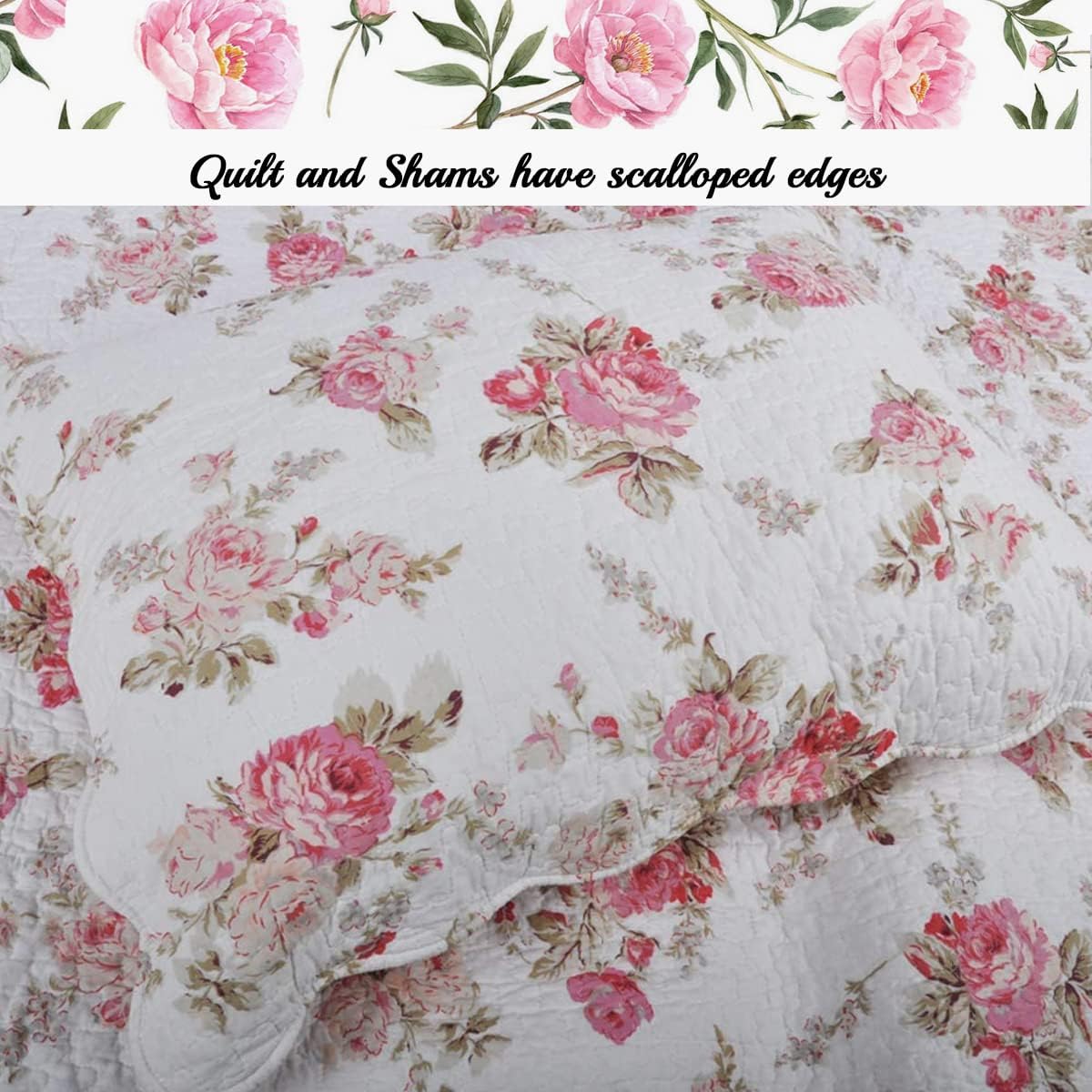 Romantic Pink Peony Floral 100% Cotton Reversible Quilt Bedding Set, Coverlet, Bedspread (Pink Peony, Queen - 3 Piece)