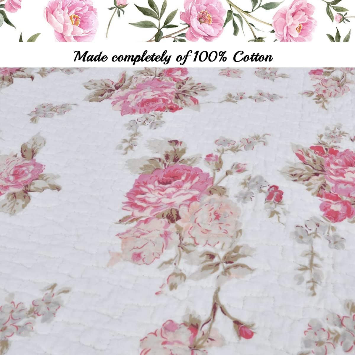 Romantic Pink Peony Floral 100% Cotton Reversible Quilt Bedding Set, Coverlet, Bedspread (Pink Peony, Queen - 3 Piece)
