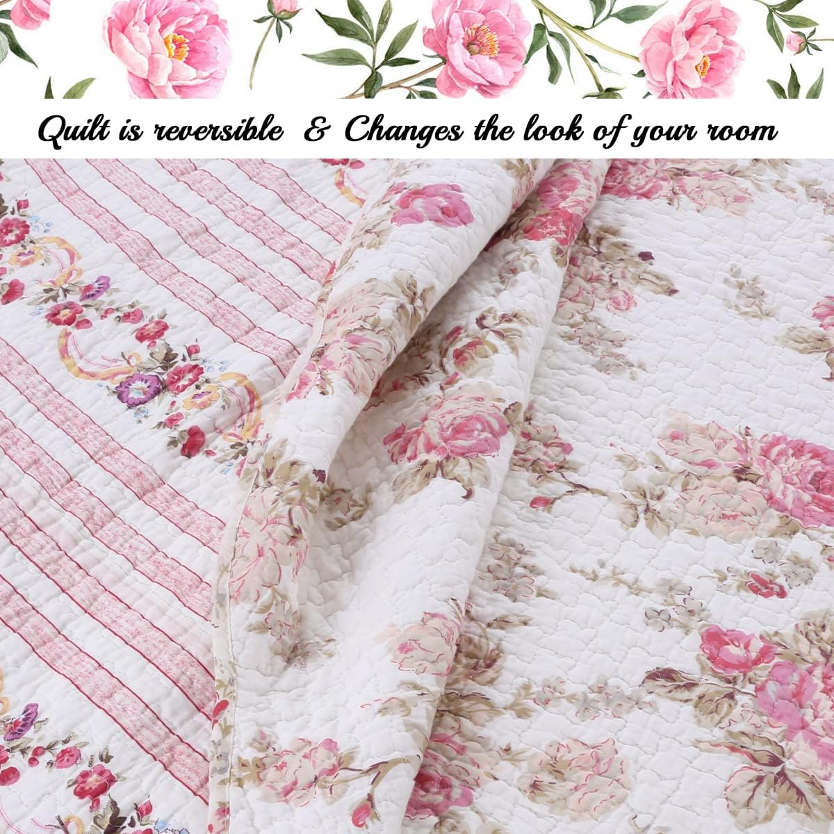 Romantic Pink Peony Floral 100% Cotton Reversible Quilt Bedding Set, Coverlet, Bedspread (Pink Peony, Queen - 3 Piece)