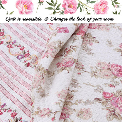 Romantic Pink Peony Floral 100% Cotton Reversible Quilt Bedding Set, Coverlet, Bedspread (Pink Peony, Queen - 3 Piece)