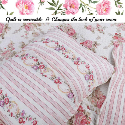 Romantic Pink Peony Floral 100% Cotton Reversible Quilt Bedding Set, Coverlet, Bedspread (Pink Peony, Queen - 3 Piece)