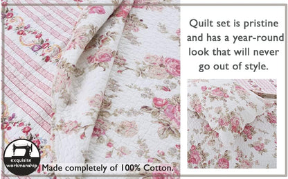 Romantic Pink Peony Floral 100% Cotton Reversible Quilt Bedding Set, Coverlet, Bedspread (Pink Peony, Queen - 3 Piece)