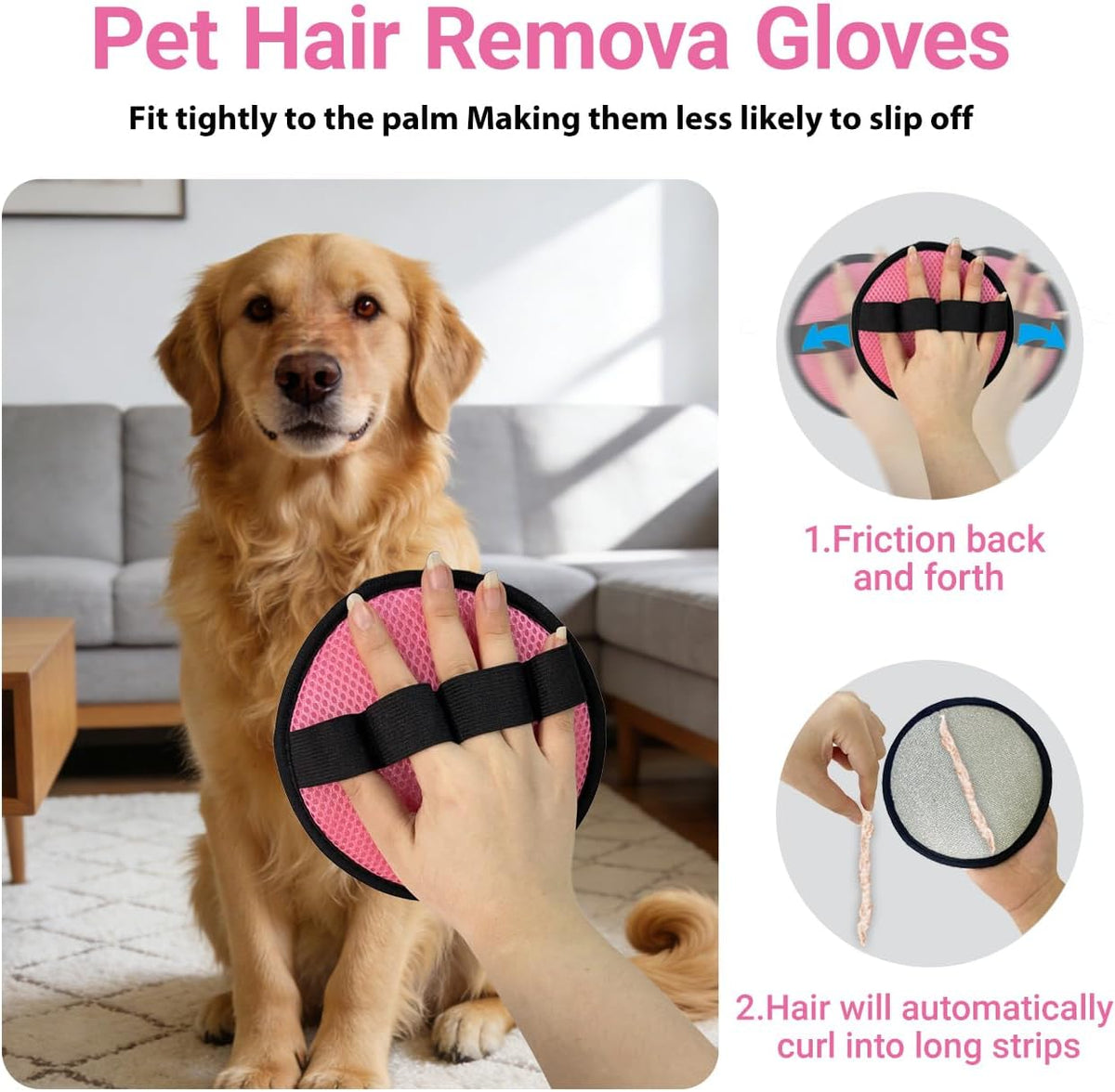 Pet Hair Removal Glove,Circular Reusable Grooming Gloves,2Pack,Pink