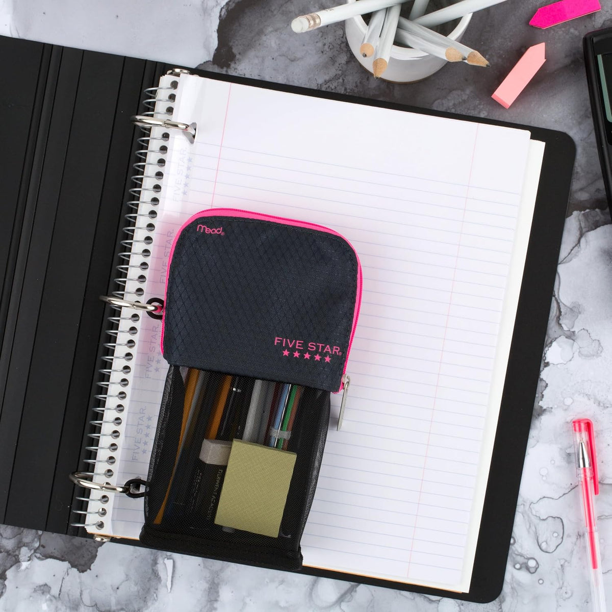 Pencil Pouch, Pen Case, Stand 'N Store Zipper Pouch, Fits 3-Ring Binder, Storage Organizer for Supplies Earbuds Chargers Cables Makeup, Navy/Pink (505160B-ECM)