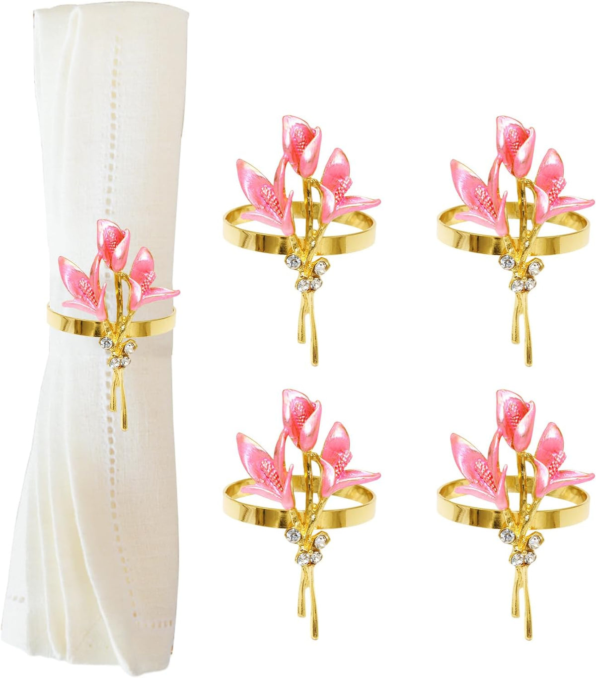 Lily Napkin Rings Set of 4, Flower Napkin Holders Floral Napkin Ring Perfect for Wedding Party Holiday Banquet Christmas Dinner Decor (Pink)
