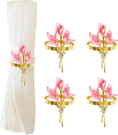 Lily Napkin Rings Set of 4, Flower Napkin Holders Floral Napkin Ring Perfect for Wedding Party Holiday Banquet Christmas Dinner Decor (Pink)