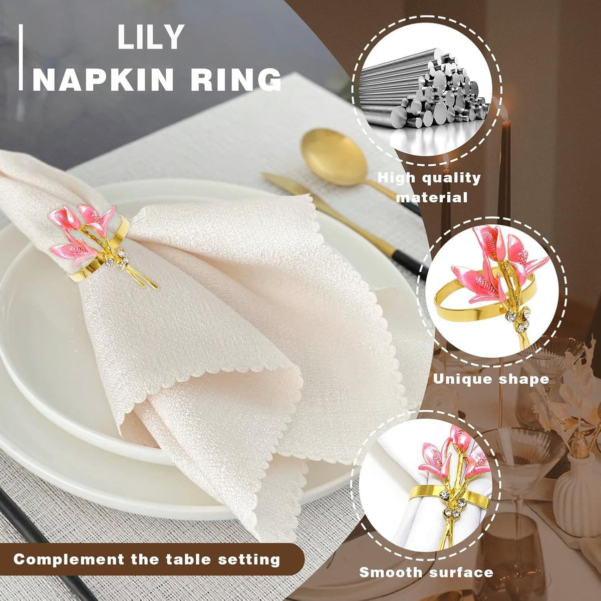 Lily Napkin Rings Set of 4, Flower Napkin Holders Floral Napkin Ring Perfect for Wedding Party Holiday Banquet Christmas Dinner Decor (Pink)