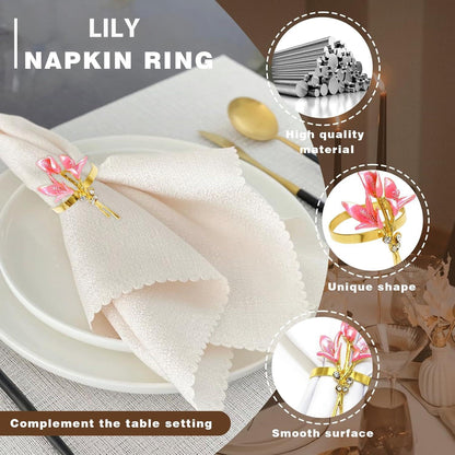 Lily Napkin Rings Set of 4, Flower Napkin Holders Floral Napkin Ring Perfect for Wedding Party Holiday Banquet Christmas Dinner Decor (Pink)