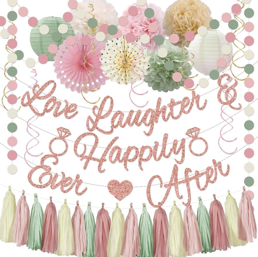 Bridal Shower Decorations,Sage Green Pink Bridal Shower Decorations Includes Love Laughter Happily Ever After Decorations Paper Flower Ball Wedding Decorations for Home Party Bachelorette Party