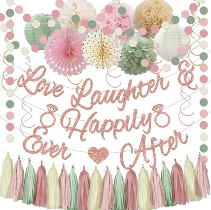 Bridal Shower Decorations,Sage Green Pink Bridal Shower Decorations Includes Love Laughter Happily Ever After Decorations Paper Flower Ball Wedding Decorations for Home Party Bachelorette Party