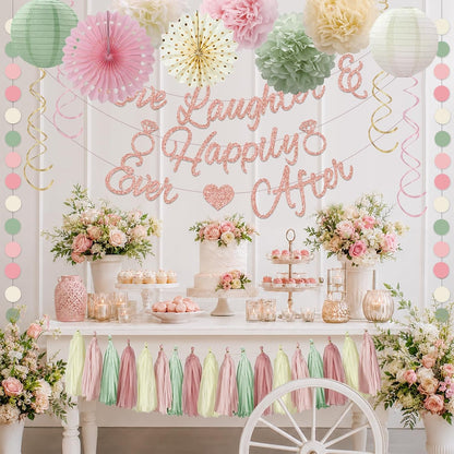 Bridal Shower Decorations,Sage Green Pink Bridal Shower Decorations Includes Love Laughter Happily Ever After Decorations Paper Flower Ball Wedding Decorations for Home Party Bachelorette Party