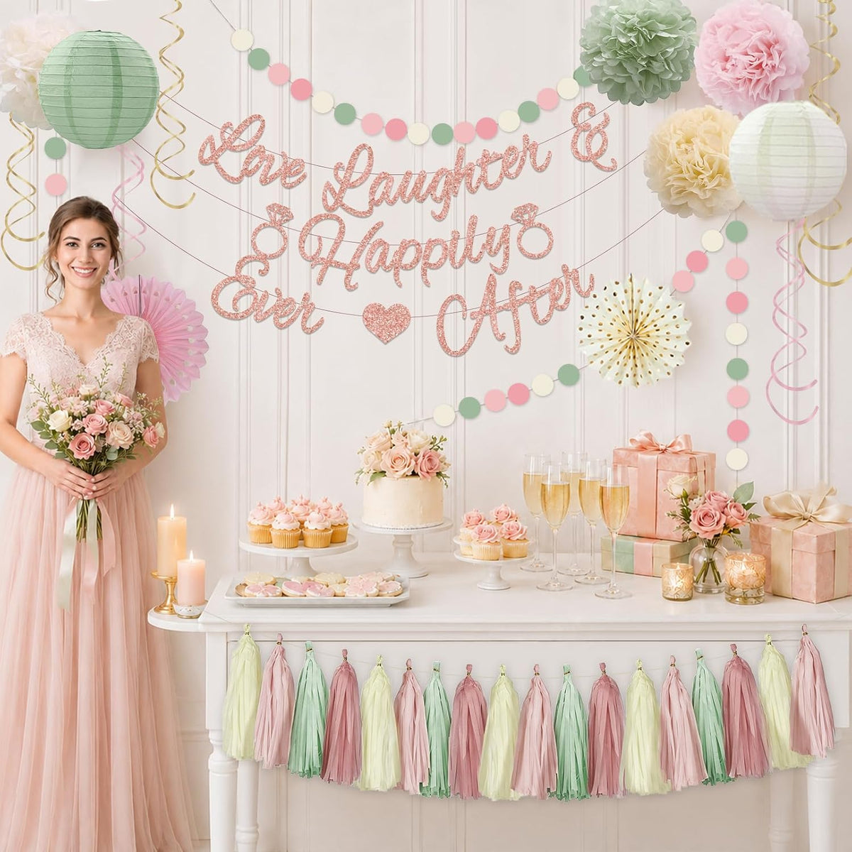 Bridal Shower Decorations,Sage Green Pink Bridal Shower Decorations Includes Love Laughter Happily Ever After Decorations Paper Flower Ball Wedding Decorations for Home Party Bachelorette Party