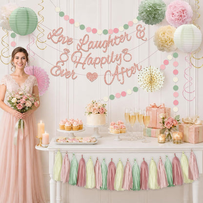 Bridal Shower Decorations,Sage Green Pink Bridal Shower Decorations Includes Love Laughter Happily Ever After Decorations Paper Flower Ball Wedding Decorations for Home Party Bachelorette Party