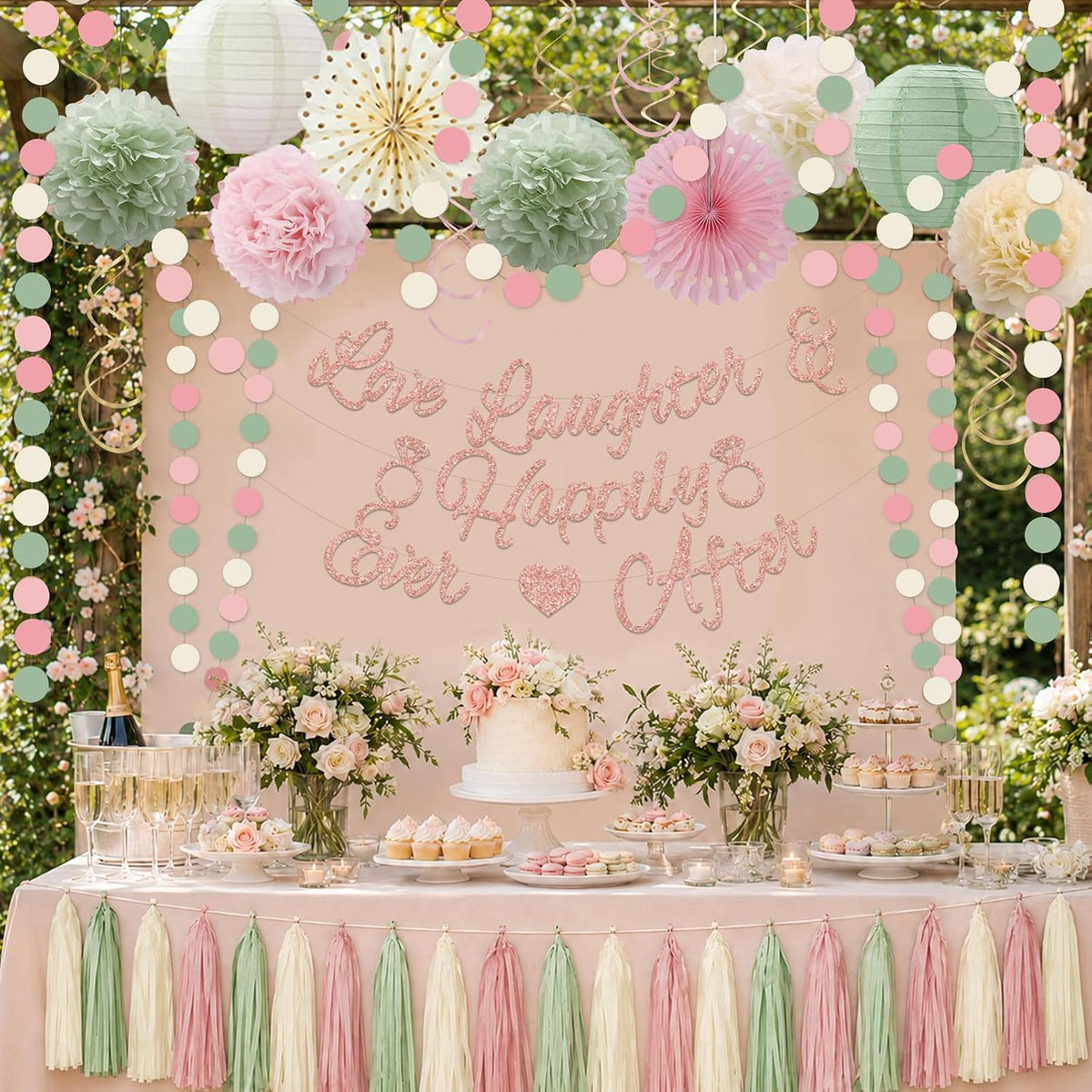 Bridal Shower Decorations,Sage Green Pink Bridal Shower Decorations Includes Love Laughter Happily Ever After Decorations Paper Flower Ball Wedding Decorations for Home Party Bachelorette Party