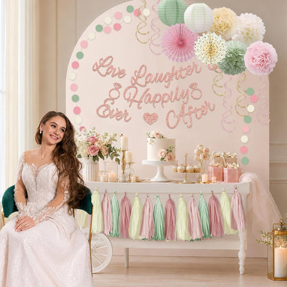 Bridal Shower Decorations,Sage Green Pink Bridal Shower Decorations Includes Love Laughter Happily Ever After Decorations Paper Flower Ball Wedding Decorations for Home Party Bachelorette Party