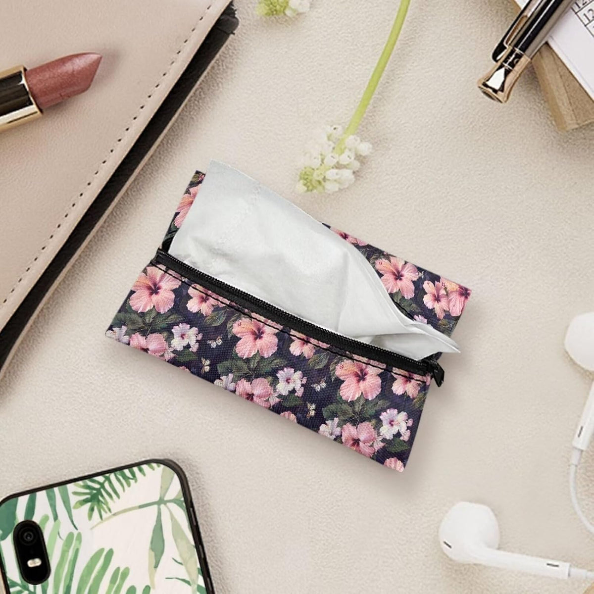Pink Floral Tissue Holder Pocket Tissue Holder for Purse Small Size Reusable Travel Tissue Pouch Coins Tissue Pouch for Bag Car Office Home