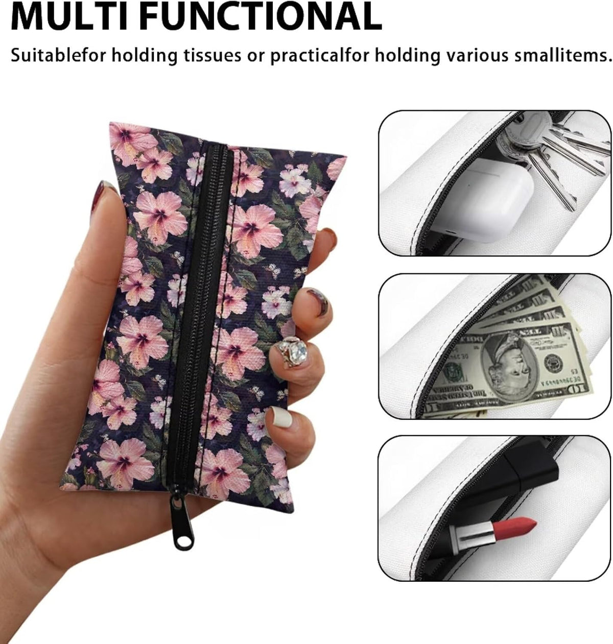 Pink Floral Tissue Holder Pocket Tissue Holder for Purse Small Size Reusable Travel Tissue Pouch Coins Tissue Pouch for Bag Car Office Home