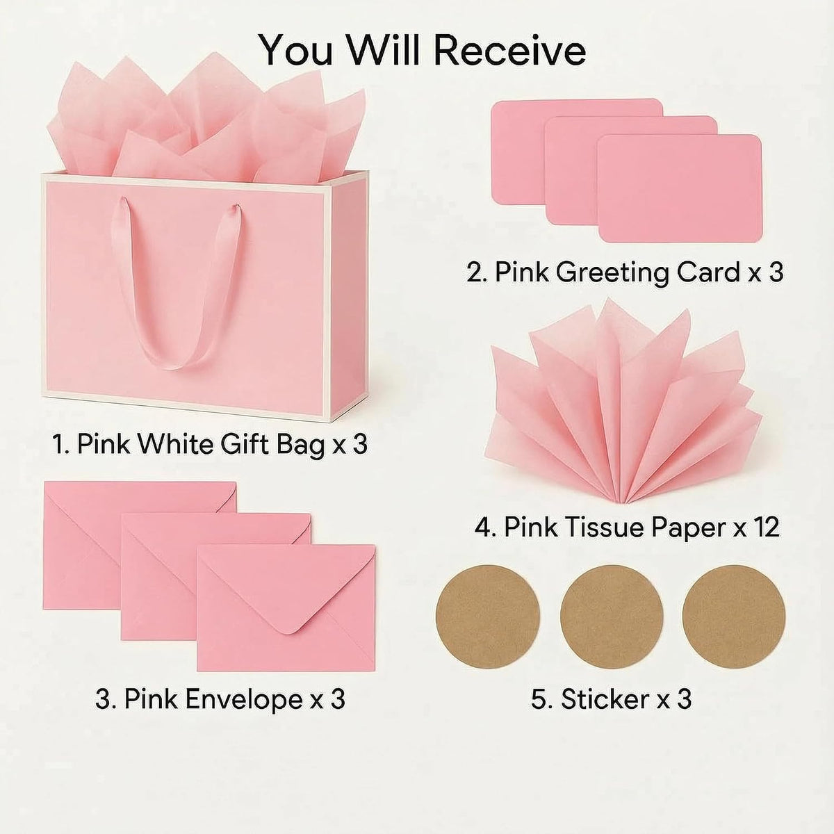 3 Sets Large Gift Bags with Handles, Pink& White, 13.8×10.2×5.1 IN