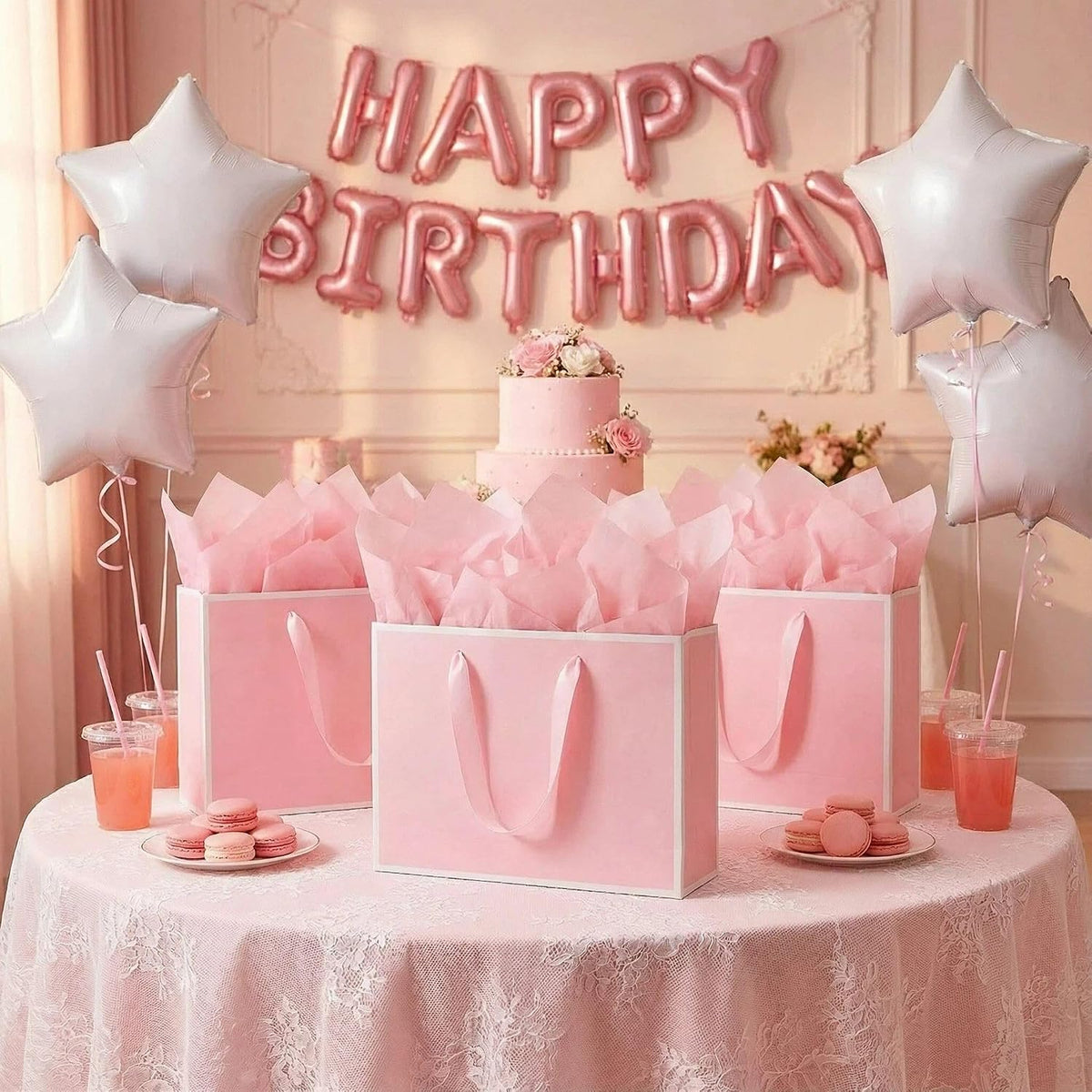 3 Sets Large Gift Bags with Handles, Pink& White, 13.8×10.2×5.1 IN