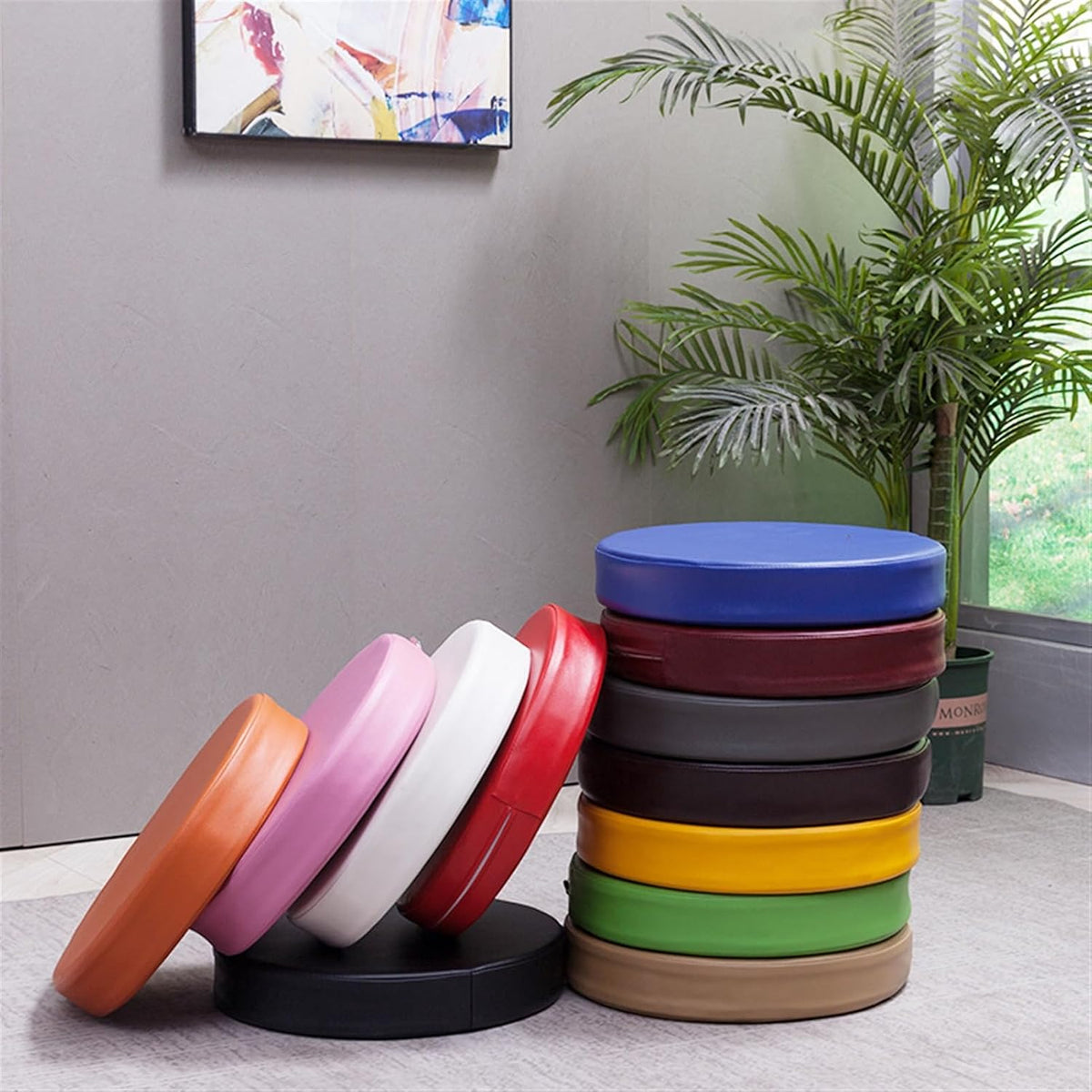 Outdoor Chair Cushions Set of 2 Waterproof Round Seat Cushions with Ties PU Leather Furniture Cushions for Patio Furniture Pink, 16x16x2IN