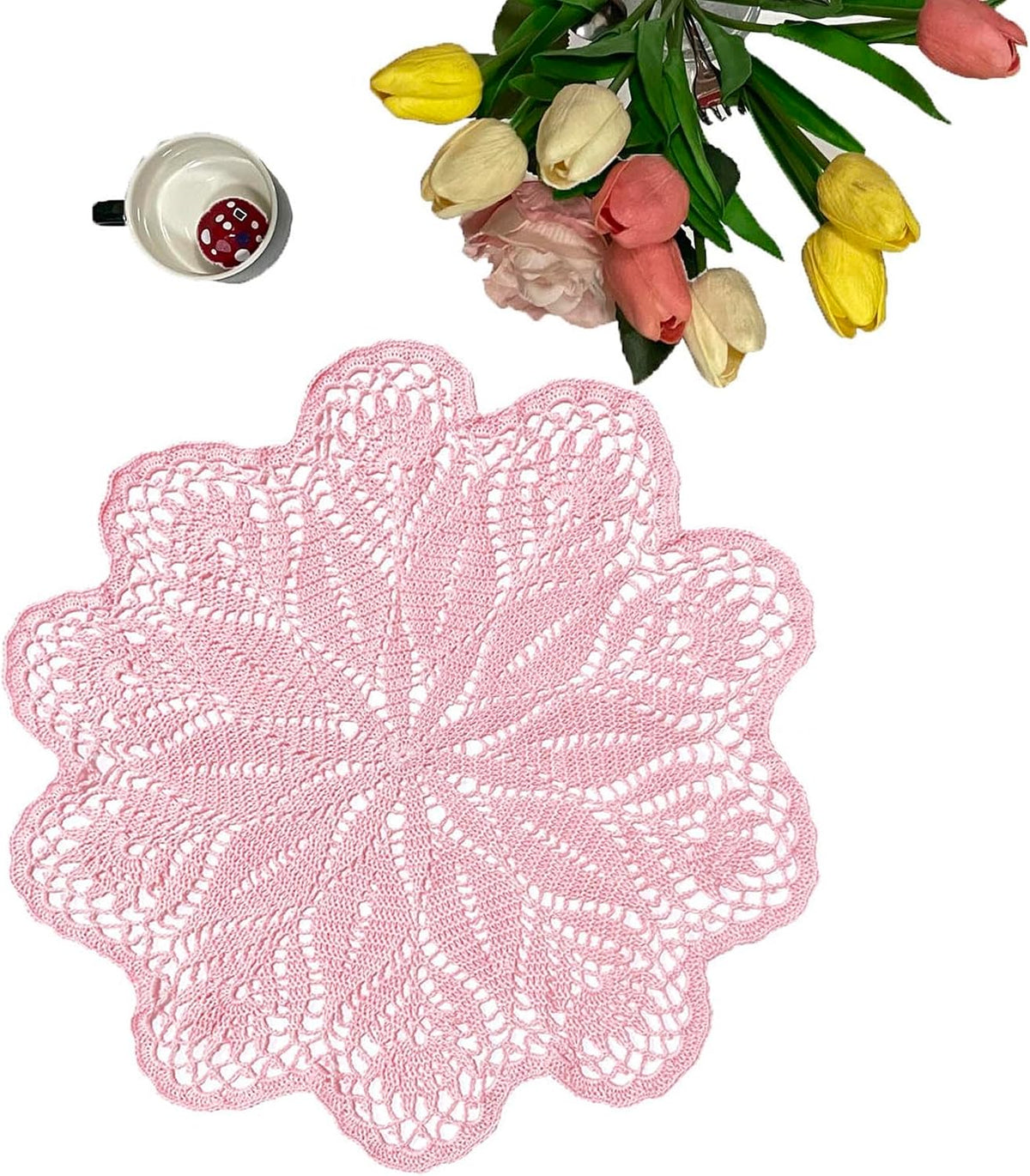 18 in to 20 in Lace Placemat Table Doily Round Handmade Crochet Lily Flower Doilies Wedding Decoration for Bedroom Kitchen Office Desk (1pc, Lily-Pink)