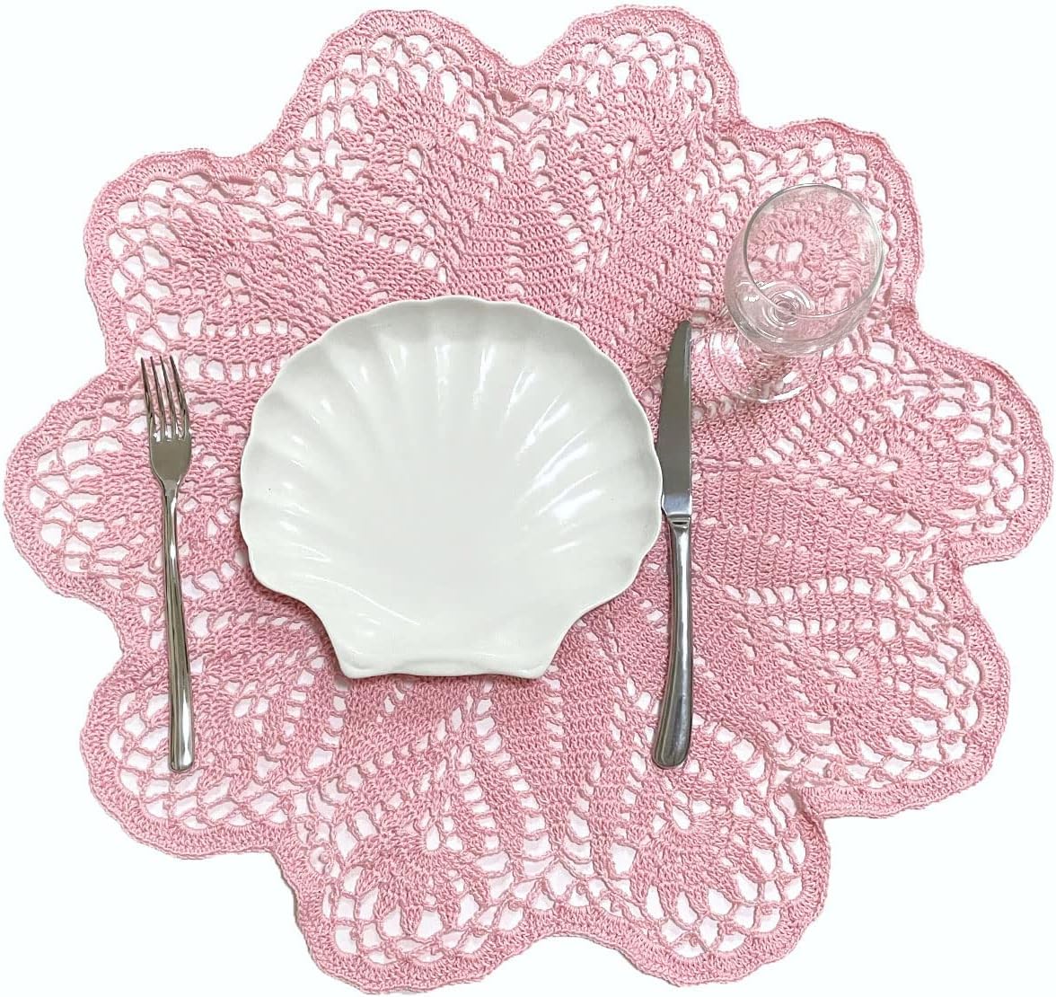 18 in to 20 in Lace Placemat Table Doily Round Handmade Crochet Lily Flower Doilies Wedding Decoration for Bedroom Kitchen Office Desk (1pc, Lily-Pink)