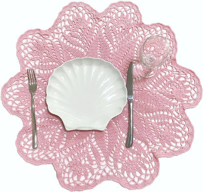 18 in to 20 in Lace Placemat Table Doily Round Handmade Crochet Lily Flower Doilies Wedding Decoration for Bedroom Kitchen Office Desk (1pc, Lily-Pink)