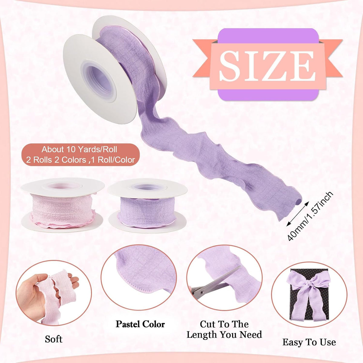 Beadthoven 20 Yards 1.57 Inch Wide Ruffled Ribbons Pastel Pink Purple Polyester Fabric Ribbon Decorative Ribbons for Gift Wrapping DIY Dress Hair Bows Flower Bouquets Wedding Birthday Decorations