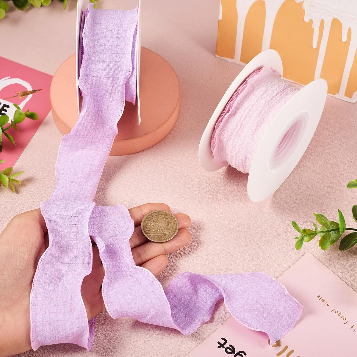 Beadthoven 20 Yards 1.57 Inch Wide Ruffled Ribbons Pastel Pink Purple Polyester Fabric Ribbon Decorative Ribbons for Gift Wrapping DIY Dress Hair Bows Flower Bouquets Wedding Birthday Decorations