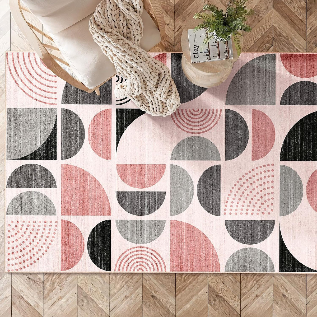 Pink Rug Boho Washable,3x5 Area Rugs Small Non Slip Modern Abstract