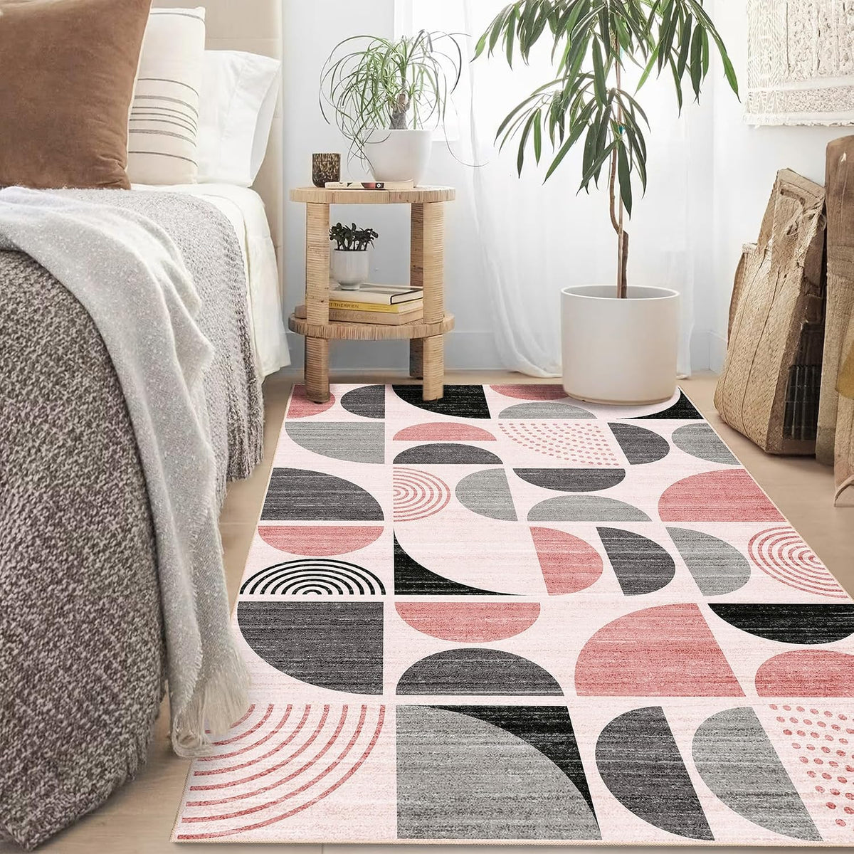 Pink Rug Boho Washable,3x5 Area Rugs Small Non Slip Modern Abstract
