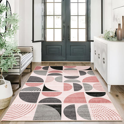 Pink Rug Boho Washable,3x5 Area Rugs Small Non Slip Modern Abstract