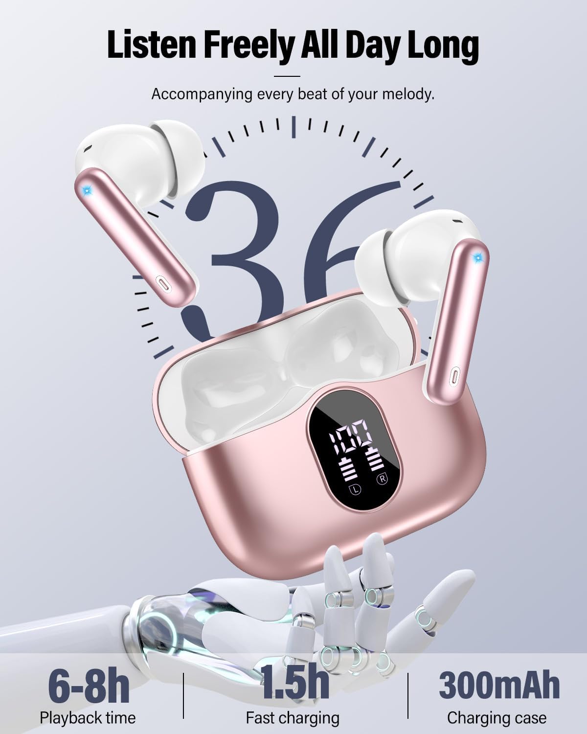 Wireless Earbuds, Bluetooth 5.4 Headphones Bass Stereo/Clear Call,Rose Gold