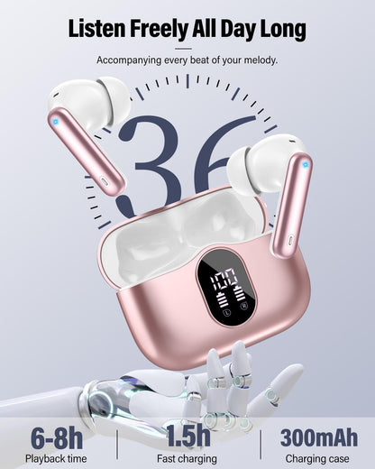 Wireless Earbuds, Bluetooth 5.4 Headphones Bass Stereo/Clear Call,Rose Gold