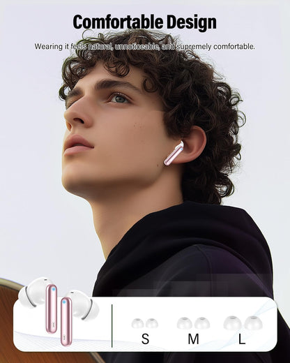 Wireless Earbuds, Bluetooth 5.4 Headphones Bass Stereo/Clear Call,Rose Gold