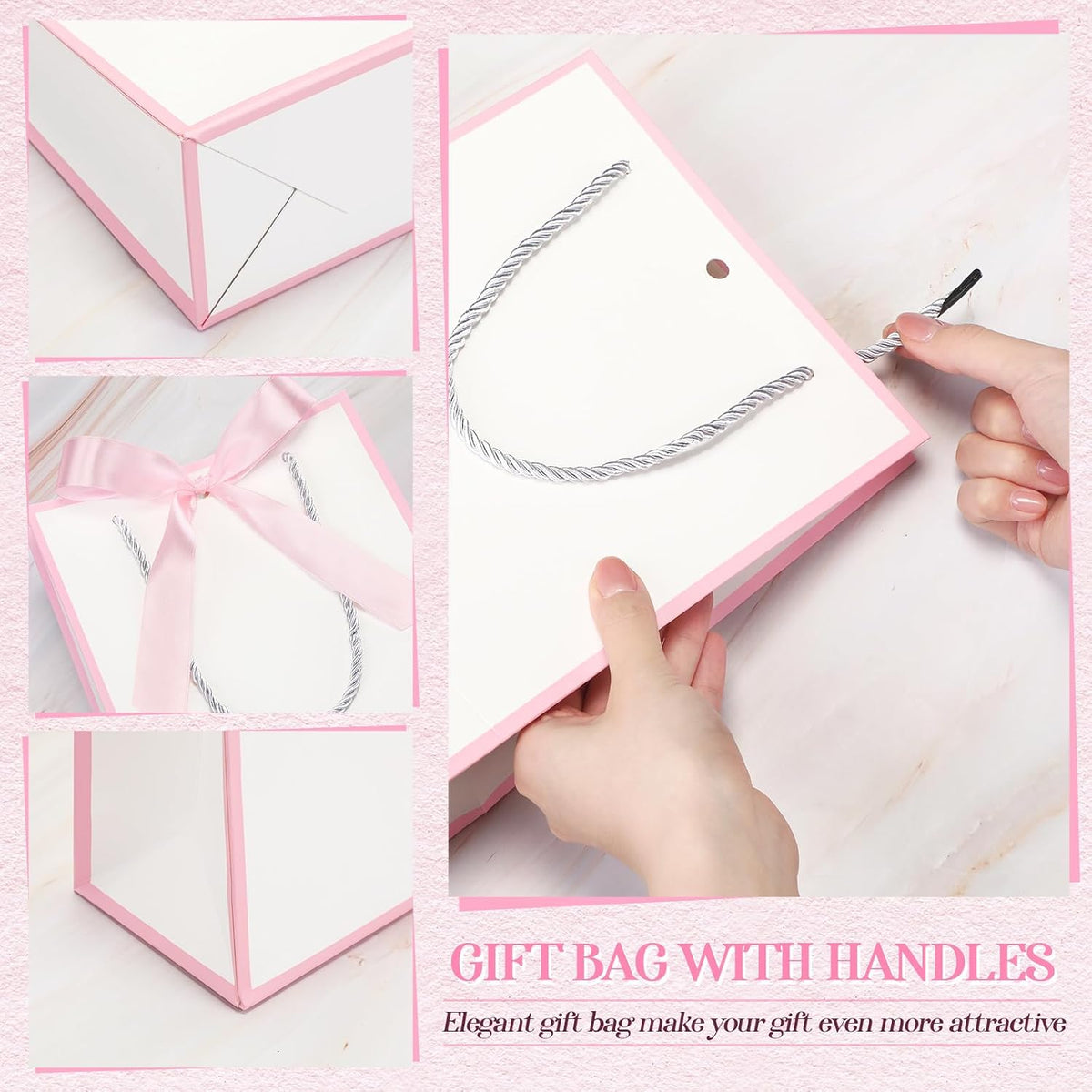 12 Pcs Paper Gift Bags with Handle 9x7x3.15'',White, Pink