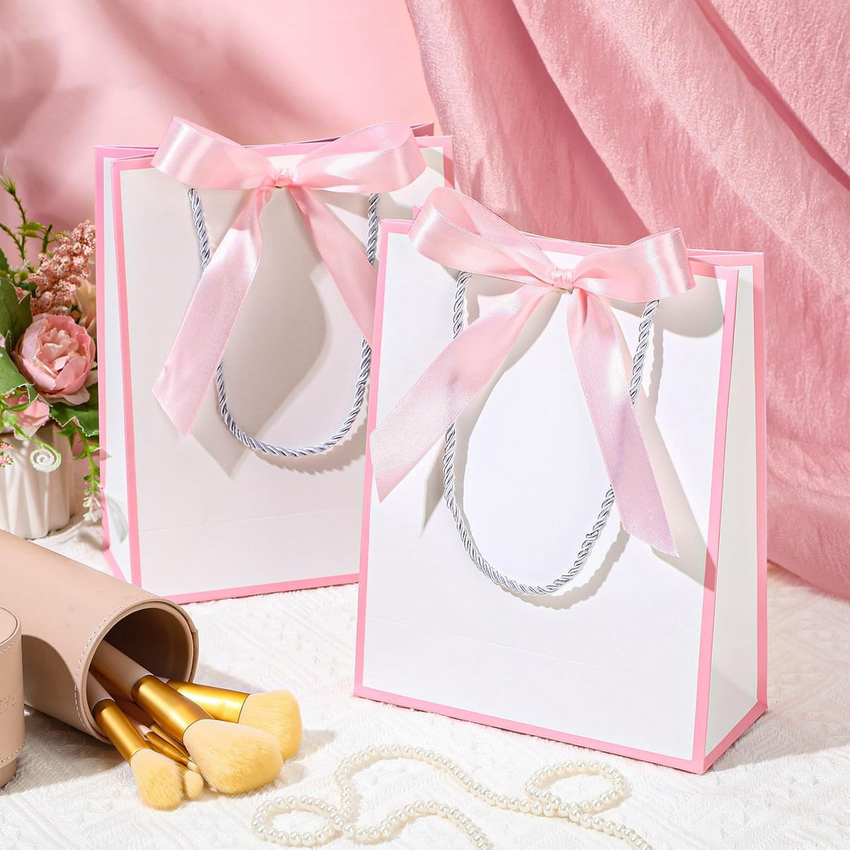 12 Pcs Paper Gift Bags with Handle 9x7x3.15'',White, Pink