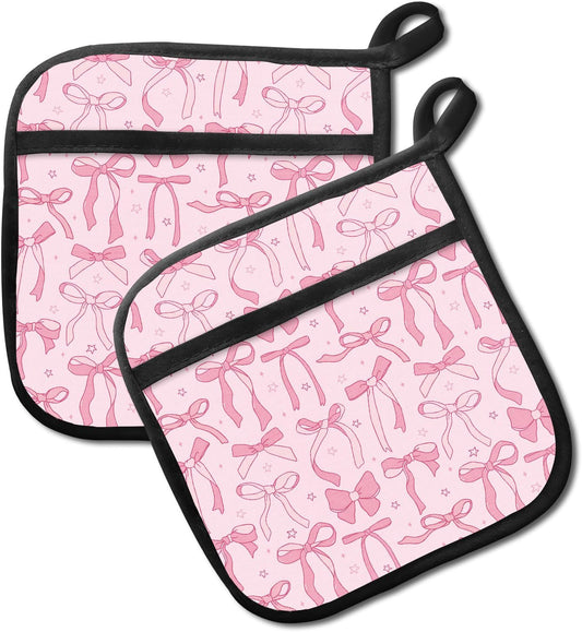2 Pack Pot Holders for Kitchen Clearance, Cute Hot Pads, Funny Oven Pot Holders, Potholders Sets for Kitchen Heat Resistant, Pink Bow