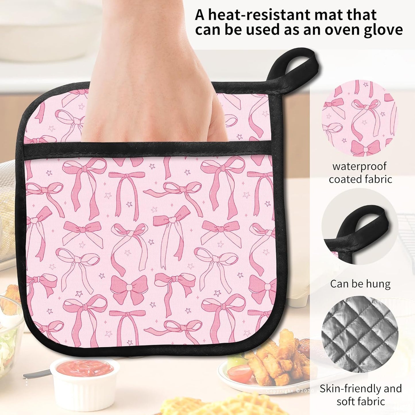 2 Pack Pot Holders for Kitchen Clearance, Cute Hot Pads, Funny Oven Pot Holders, Potholders Sets for Kitchen Heat Resistant, Pink Bow