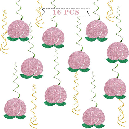 Fruit Peach Hanging Swirl Decorations - Glitter 16 Pcs Baby Shower Party Supplies - Girls Peach Birthday Party - Engagement - Wedding Streamers - Fruit Party Foil Swirls Ceiling Decorations