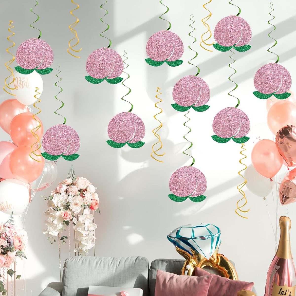 Fruit Peach Hanging Swirl Decorations - Glitter 16 Pcs Baby Shower Party Supplies - Girls Peach Birthday Party - Engagement - Wedding Streamers - Fruit Party Foil Swirls Ceiling Decorations