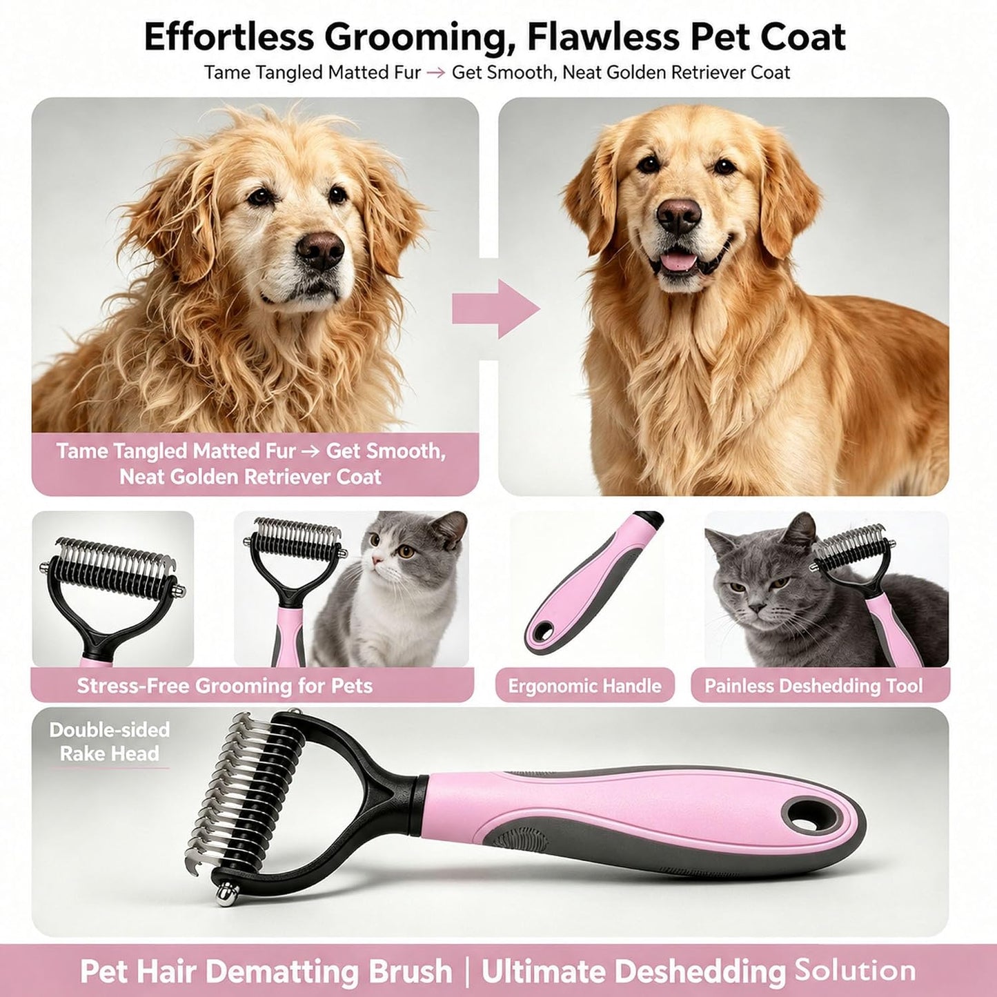Pet Grooming Brush - Double-Sided Dematting Comb & Deshedding Tool for Dogs and Cats, Effortless Hair Removal, Ideal for Long-Haired Breeds, Reduce Shedding (1, Pink, Small)