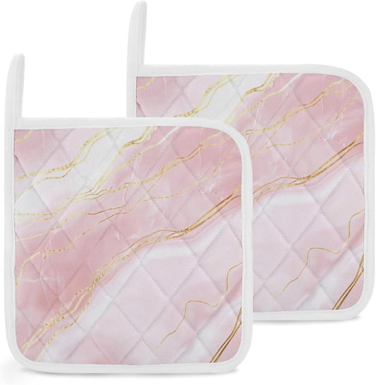 Pink Marble Gold Veins 2 Pack Heat Resistant Pot Holders with Hanging Loop, Washable Insulated Potholders for Kitchen Dining BBQ Table Protection