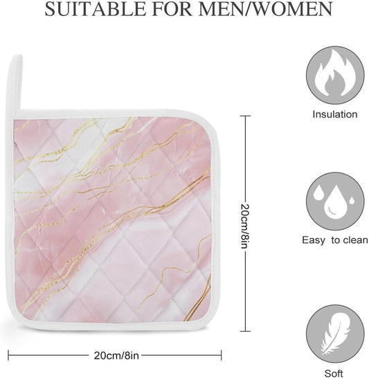Pink Marble Gold Veins 2 Pack Heat Resistant Pot Holders with Hanging Loop, Washable Insulated Potholders for Kitchen Dining BBQ Table Protection